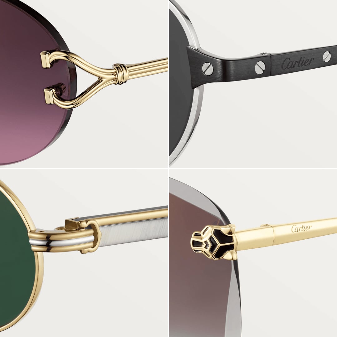 Close details of Cartier eyewear — a screw-set rim, an engraved temple and a panther head