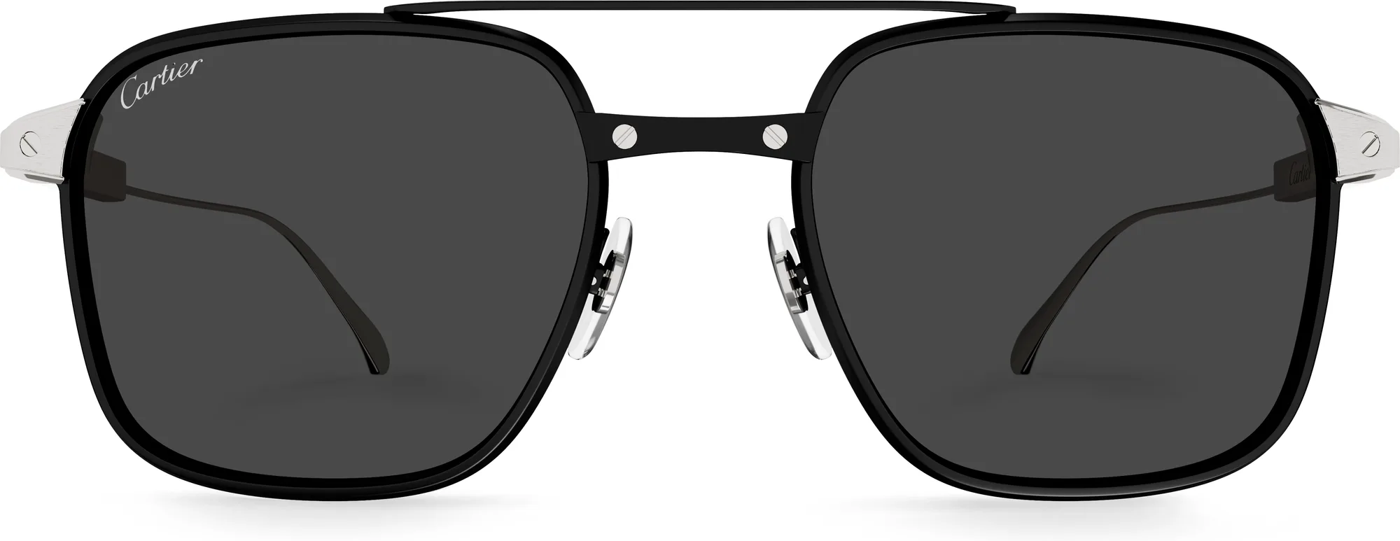 Cartier CT0610S colour 001, front view. Santos de Cartier double-bridge sunglasses from the official SS26 selection.