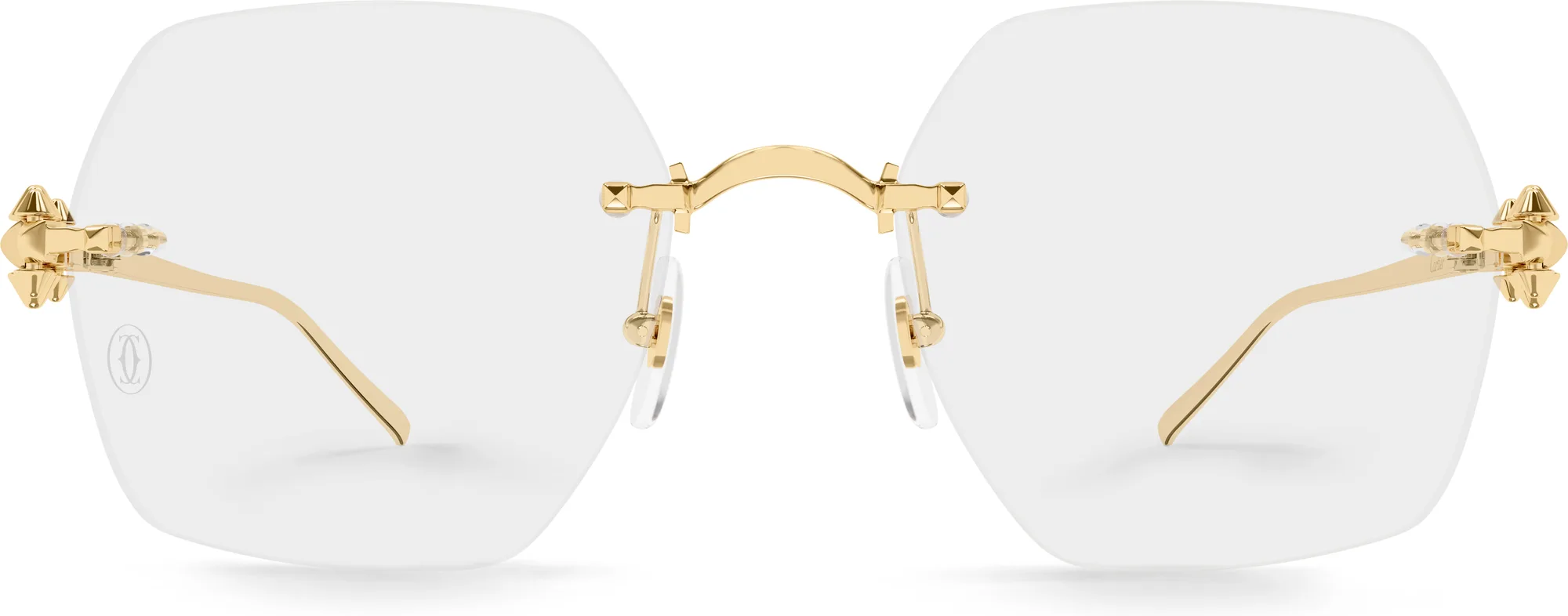 Cartier CT0646O colour 001, front view. Clash de Cartier rimless optical frame from the official SS26 selection.