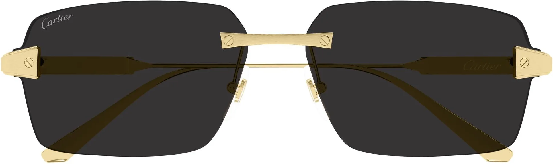 Cartier CT0652S colour 001, front view. Angular rimless sunglasses with gold-coloured temples and dark lenses.