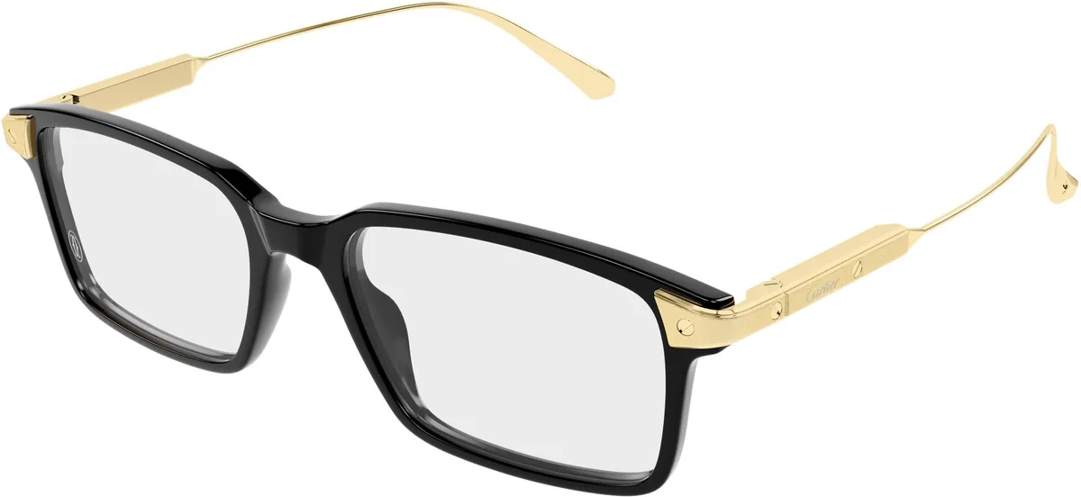 Cartier CT0653O colour 001, three quarter view. Black rectangular optical frame with gold-coloured temples.