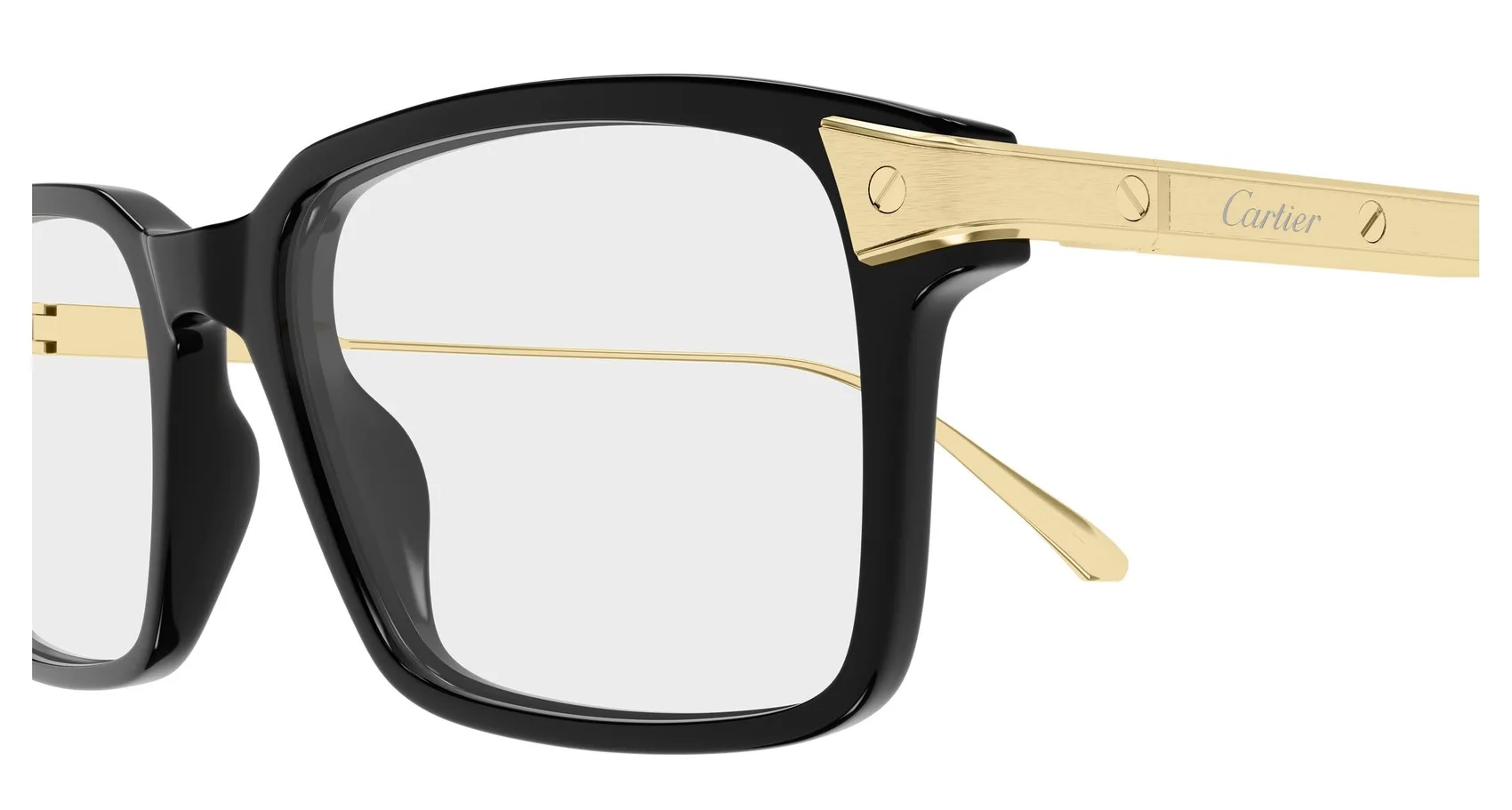 Cartier CT0653O colour 001, detail view. Black rectangular optical frame with gold-coloured temples.