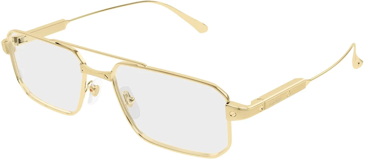 Cartier CT0654O colour 001, three quarter view. Gold-coloured optical frame with a rectangular shape and double bridge.