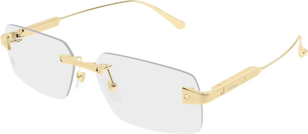 Cartier CT0655O colour 001, three quarter view. Rectangular rimless optical frame with gold-coloured temples.