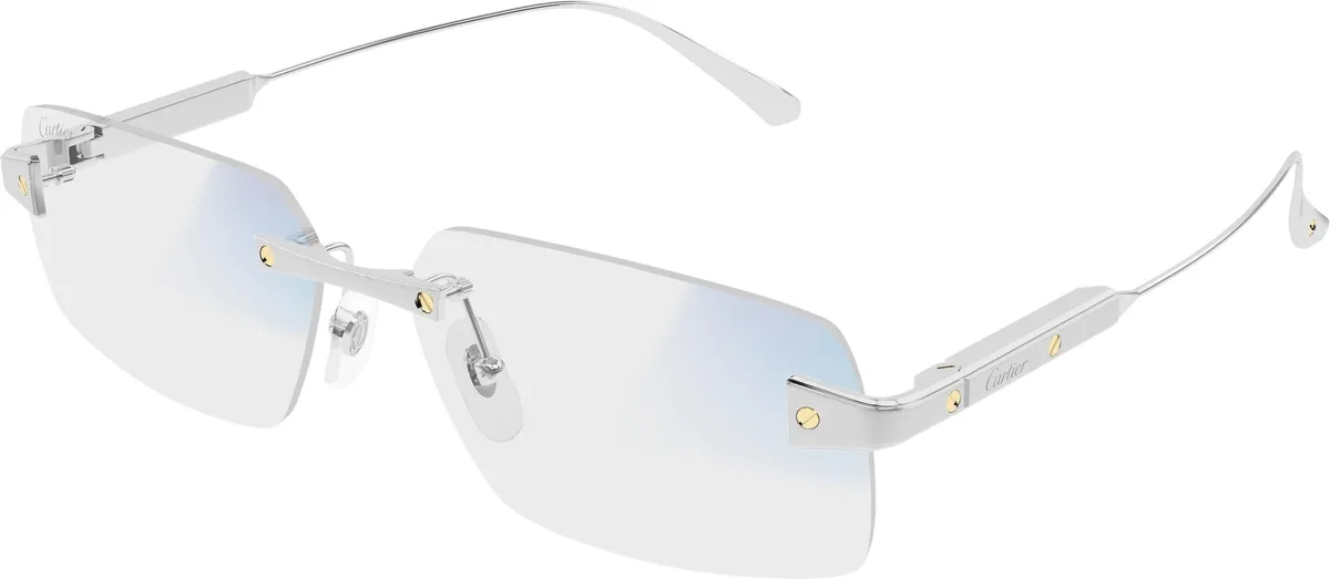 Cartier CT0655S colour 001, three quarter view. Rimless sunglasses with silver-coloured temples and pale lenses.