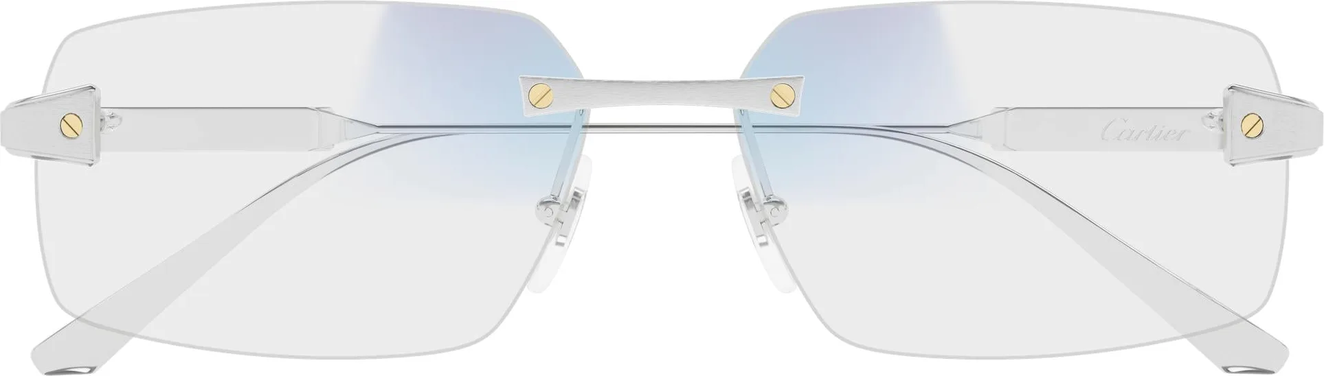 Cartier CT0655S colour 001, front view. Rimless sunglasses with silver-coloured temples and pale lenses.