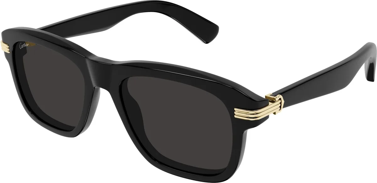 Cartier CT0657S colour 001, three quarter view. Black rectangular sunglasses with gold-coloured temple detailing.