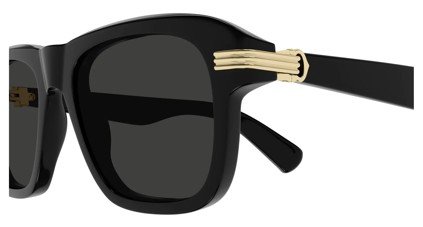 Cartier CT0657S colour 001, detail view. Black rectangular sunglasses with gold-coloured temple detailing.