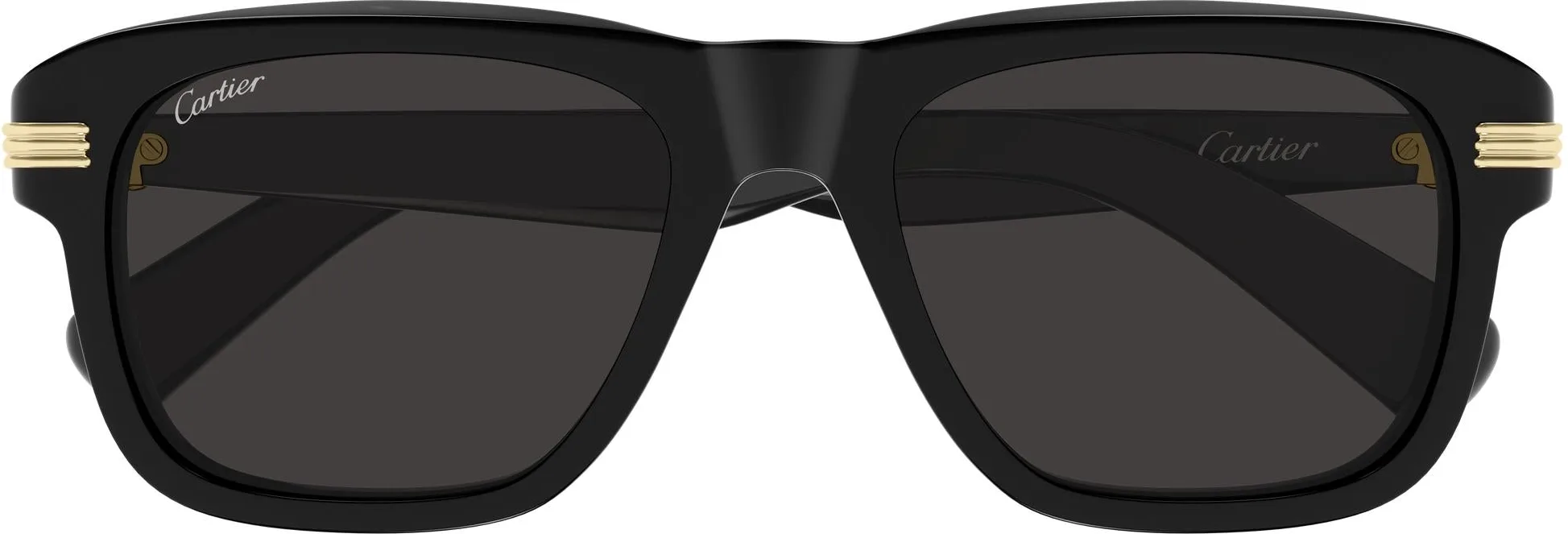 Cartier CT0657S colour 001, front view. Black rectangular sunglasses with gold-coloured temple detailing.