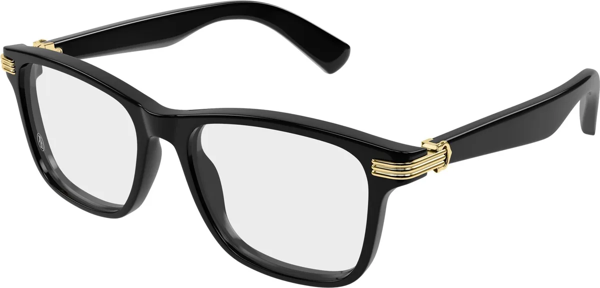 Cartier CT0658O colour 001, three quarter view. Black rectangular optical frame with gold-coloured temple detailing.