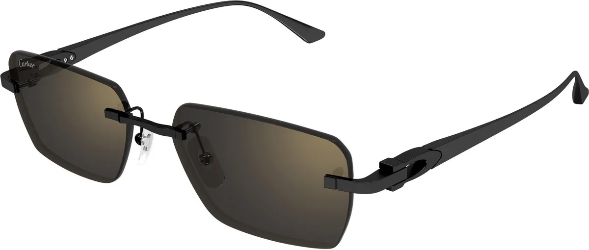 Cartier CT0660S colour 001, three quarter view. Rectangular rimless sunglasses with dark temples and brown-tinted lenses.