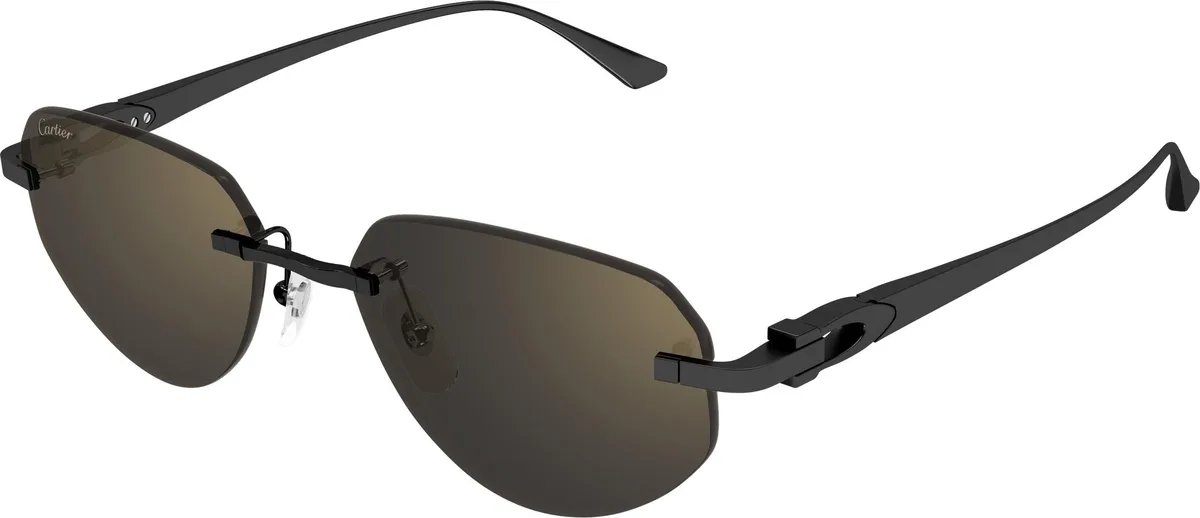 Cartier CT0661S colour 001, three quarter view. Pilot-shaped rimless sunglasses with dark temples and brown-tinted lenses.