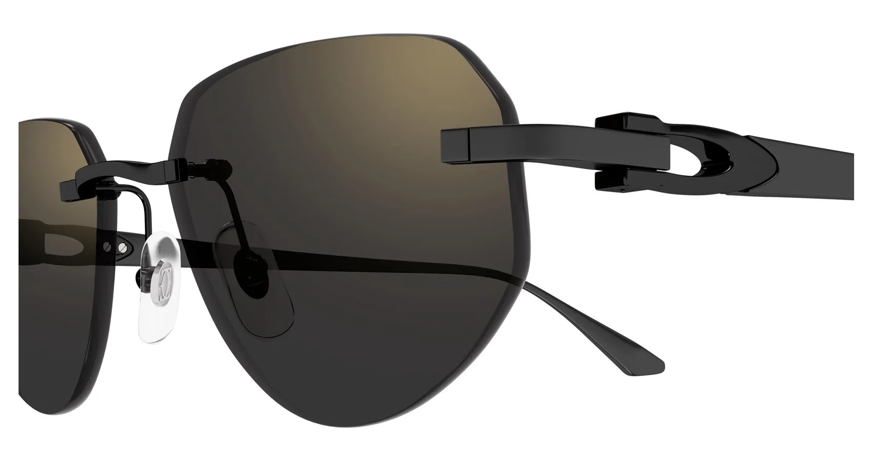 Cartier CT0661S colour 001, detail view. Pilot-shaped rimless sunglasses with dark temples and brown-tinted lenses.