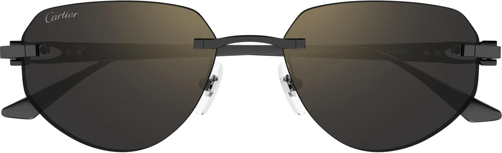 Cartier CT0661S colour 001, front view. Pilot-shaped rimless sunglasses with dark temples and brown-tinted lenses.