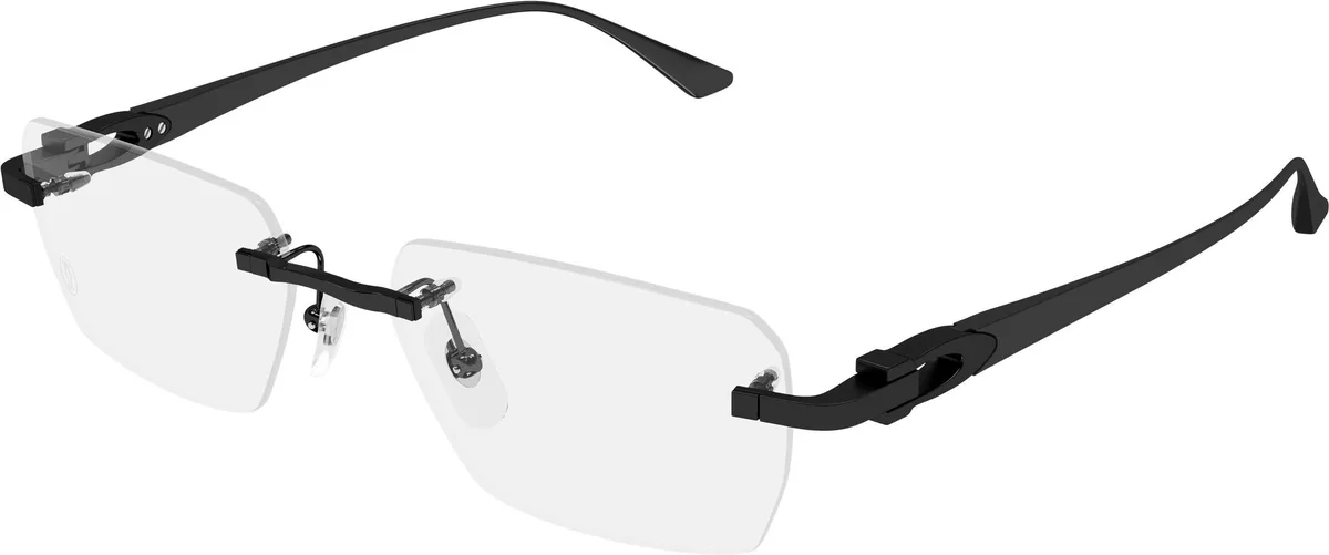 Cartier CT0662O colour 001, three quarter view. Rectangular rimless optical frame with dark temples.
