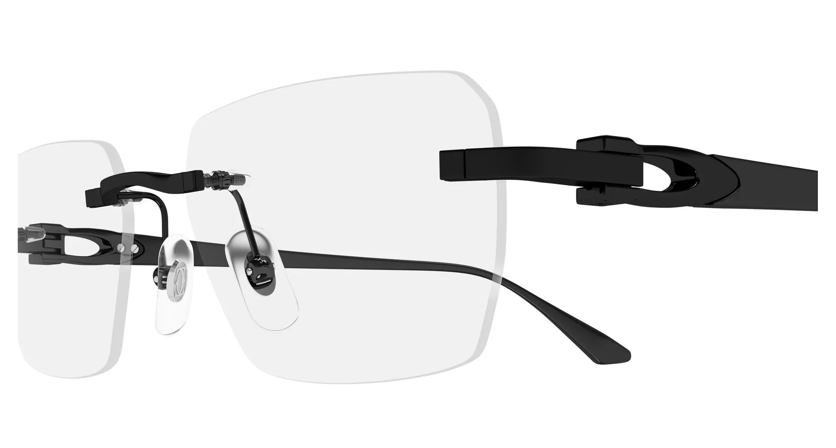Cartier CT0662O colour 001, detail view. Rectangular rimless optical frame with dark temples.