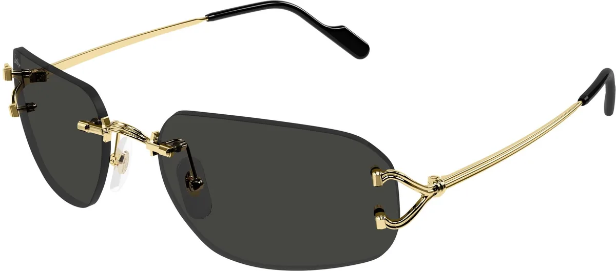 Cartier CT0663S colour 001, three quarter view. Rounded rectangular rimless sunglasses with gold-coloured temples.