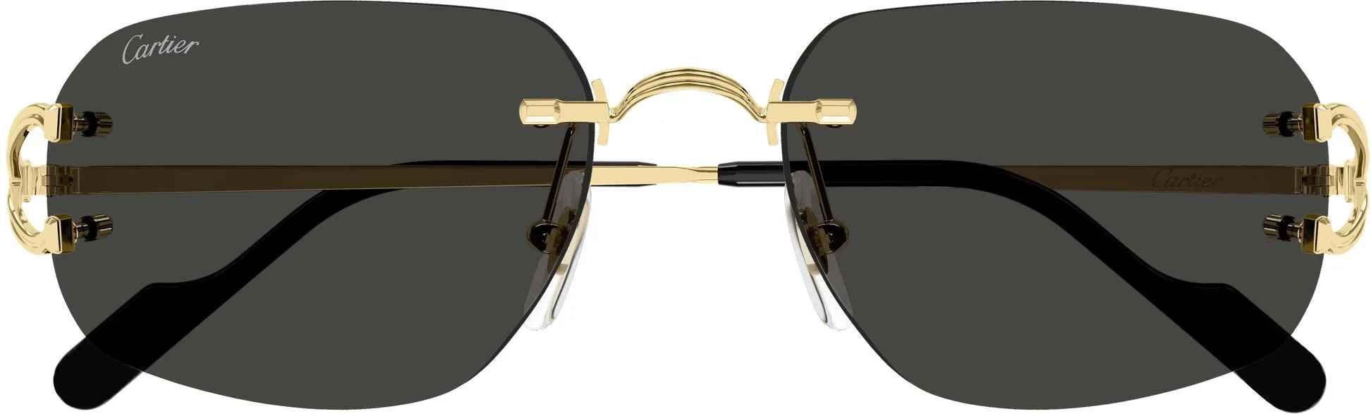 Cartier CT0663S colour 001, front view. Rounded rectangular rimless sunglasses with gold-coloured temples.
