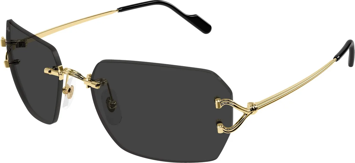 Cartier CT0664S colour 001, three quarter view. Geometric rectangular rimless sunglasses with gold-coloured temples.
