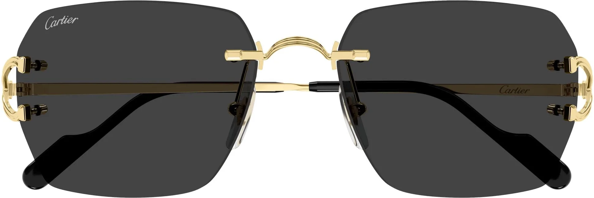 Cartier CT0664S colour 001, front view. Geometric rectangular rimless sunglasses with gold-coloured temples.