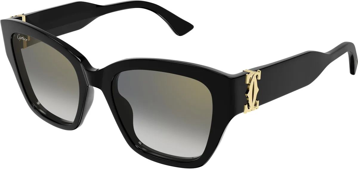 Cartier CT0666S colour 001, three quarter view. Black square sunglasses with gold-coloured double-C temple details.