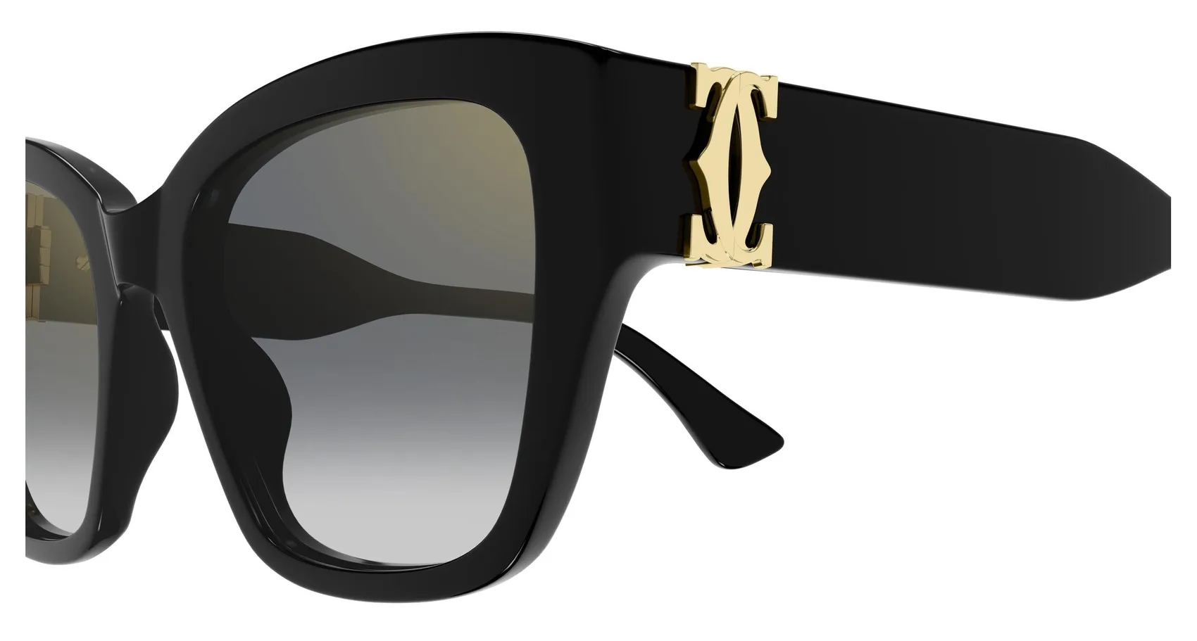 Cartier CT0666S colour 001, detail view. Black square sunglasses with gold-coloured double-C temple details.