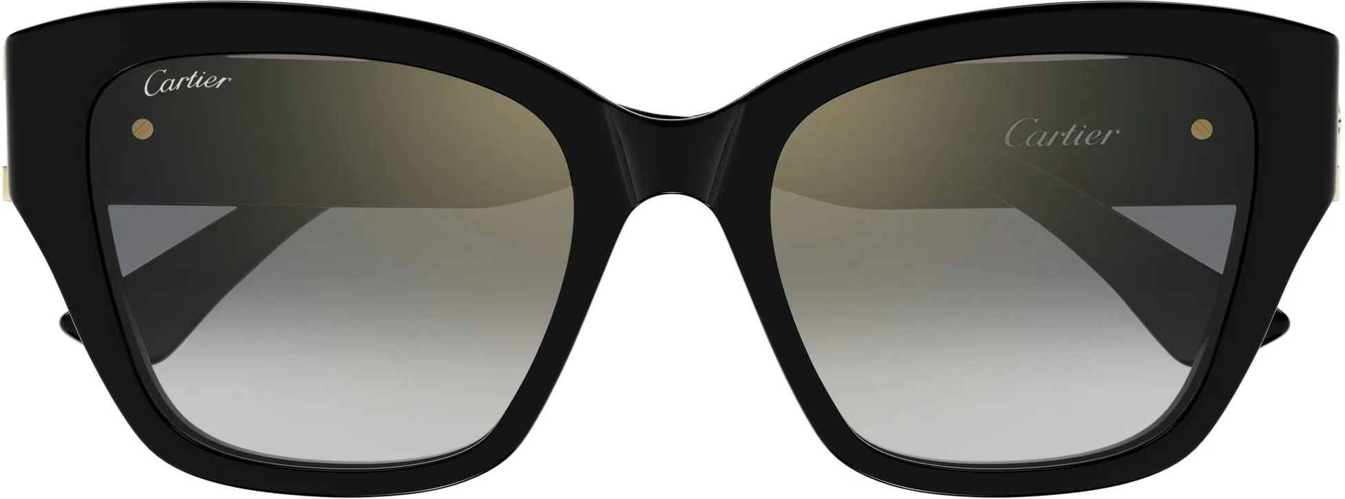 Cartier CT0666S colour 001, front view. Black square sunglasses with gold-coloured double-C temple details.