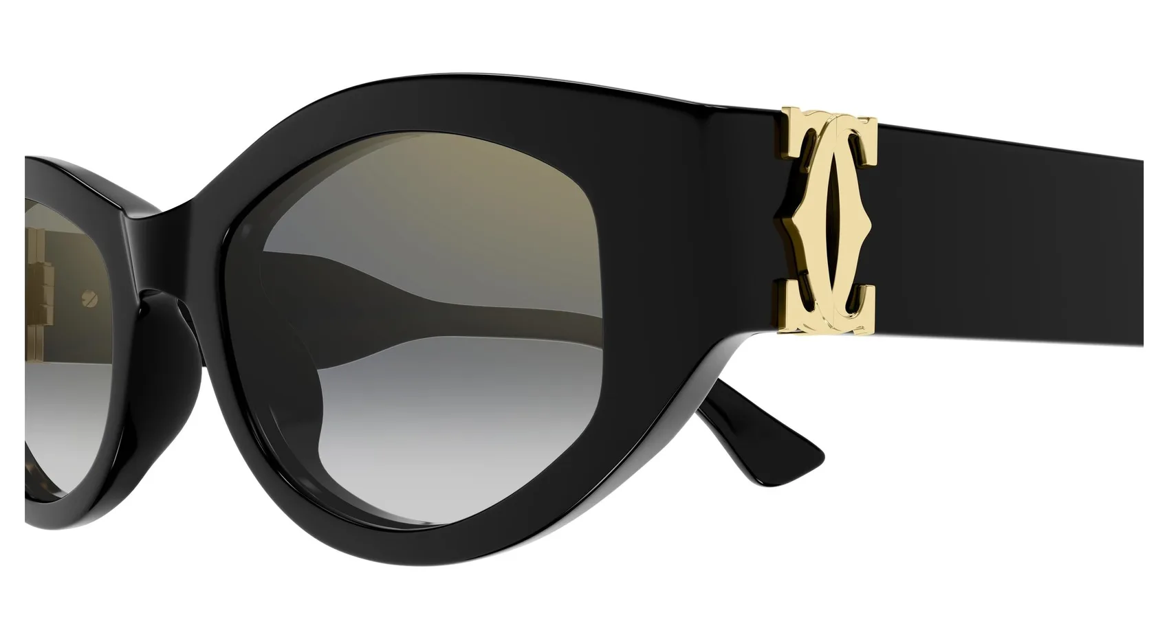 Cartier CT0667S colour 001, detail view. Black cat-eye sunglasses with gold-coloured double-C temple details.