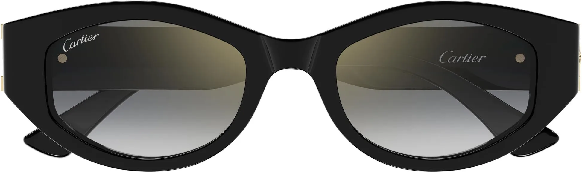Cartier CT0667S colour 001, front view. Black cat-eye sunglasses with gold-coloured double-C temple details.