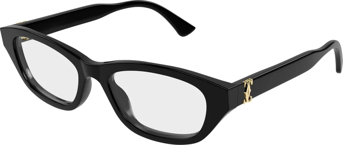 Cartier CT0668O colour 001, three quarter view. Black softly upswept optical frame with gold-coloured double-C temple details.