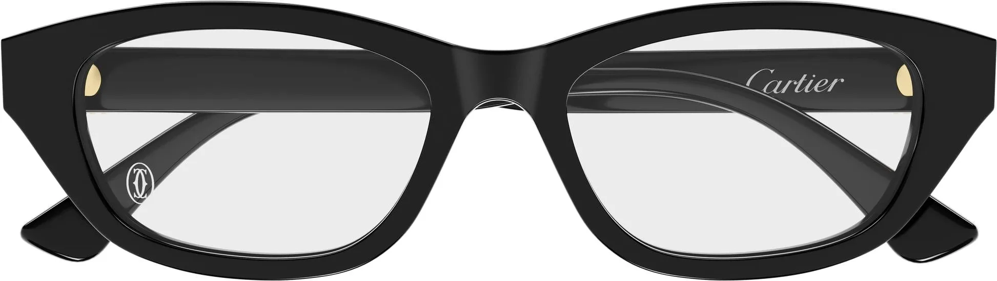 Cartier CT0668O colour 001, front view. Black softly upswept optical frame with gold-coloured double-C temple details.