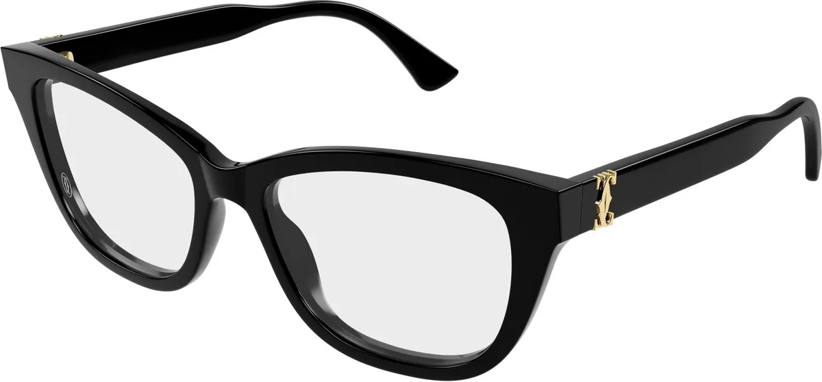 Cartier CT0669O colour 001, three quarter view. Black angular square optical frame with gold-coloured double-C temple details.