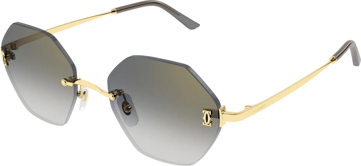 Cartier CT0671S colour 001, three quarter view. Octagonal rimless sunglasses with gold-coloured temples and gradient lenses.