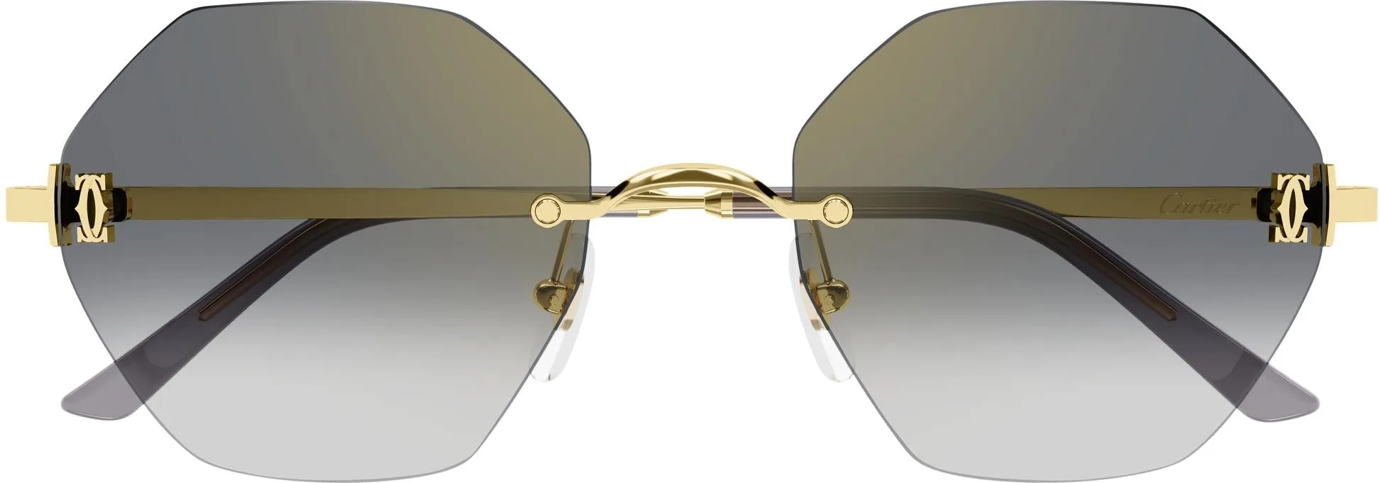 Cartier CT0671S colour 001, front view. Octagonal rimless sunglasses with gold-coloured temples and gradient lenses.