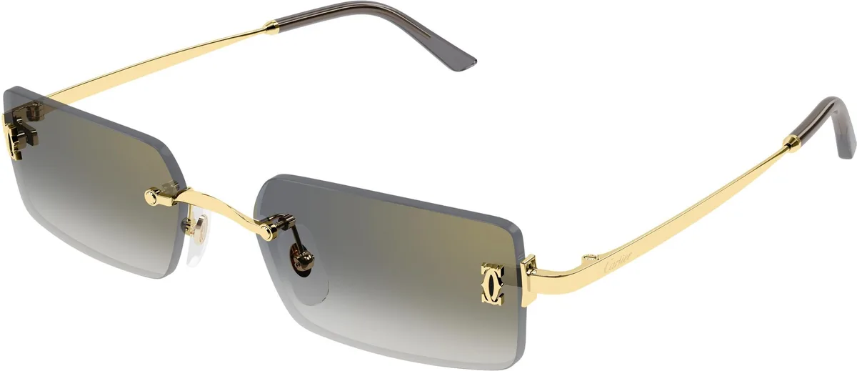Cartier CT0672S colour 001, three quarter view. Shallow rectangular rimless sunglasses with gold-coloured temples and gradient lenses.
