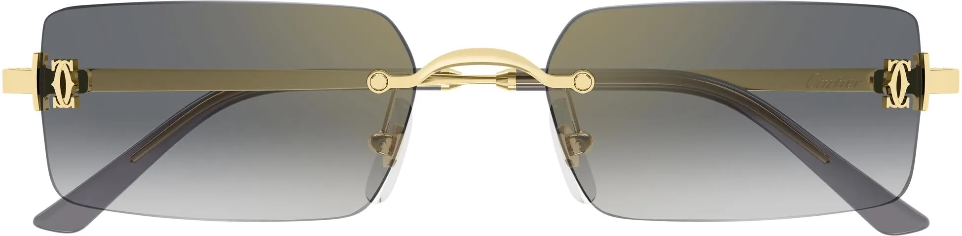 Cartier CT0672S colour 001, front view. Shallow rectangular rimless sunglasses with gold-coloured temples and gradient lenses.