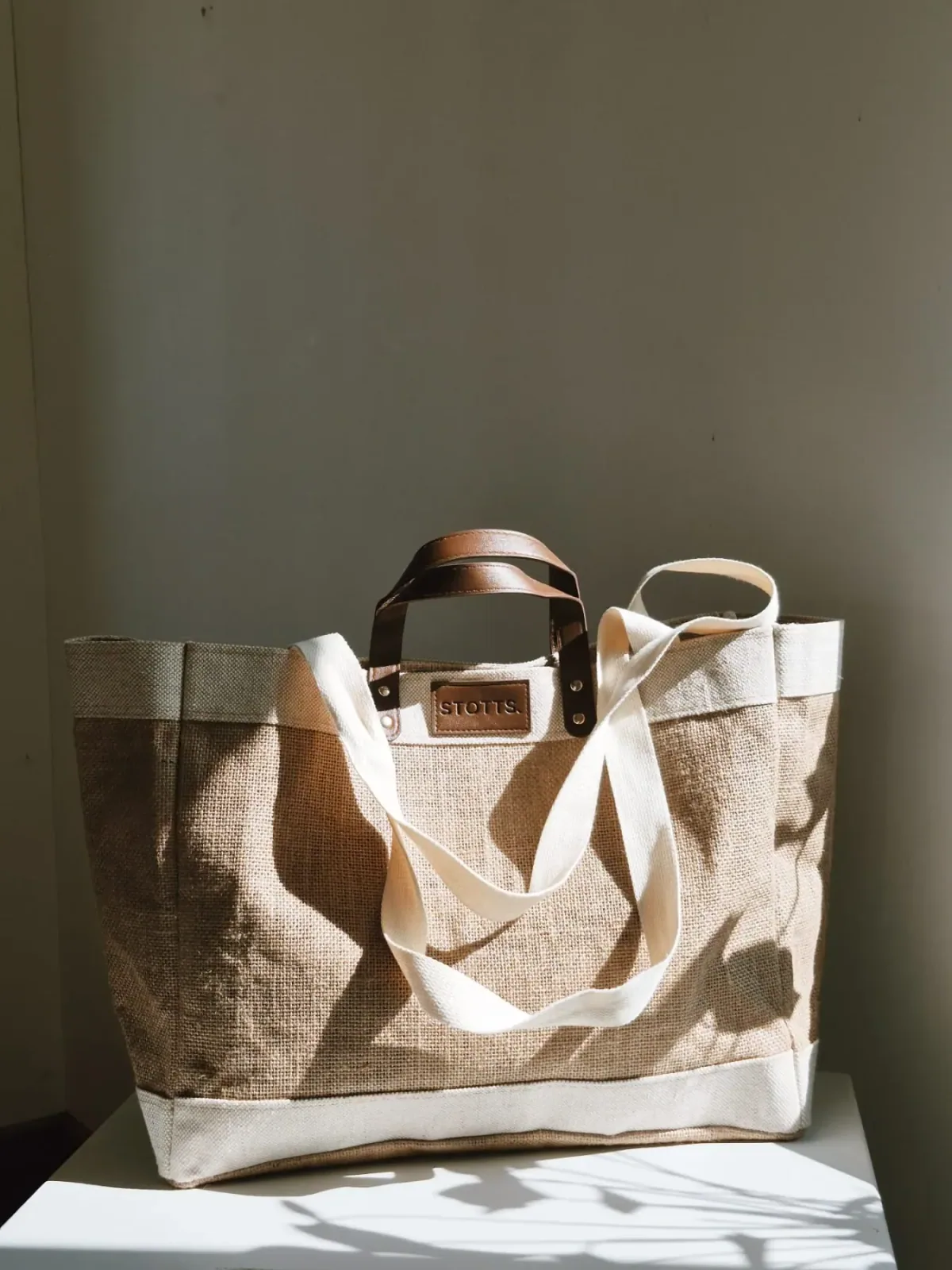The hessian and linen tote in sunlight