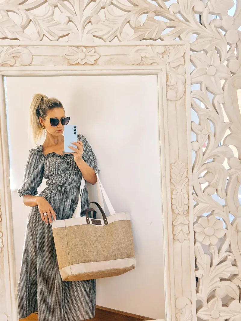 The hessian and linen tote carried on a shoulder